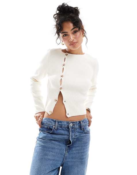 ASOS DESIGN - Cardigan girocollo color crema con motivo a coste sul fondo - view 1