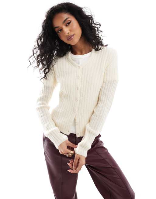 ASOS DESIGN - Cardigan girocollo color crema con scollo con intaglio