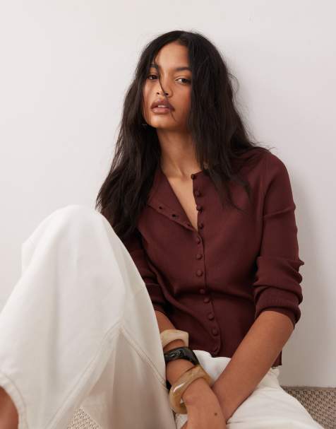 ASOS DESIGN - Cardigan girocollo compatto color cioccolato con bottoni rivestiti - view 1