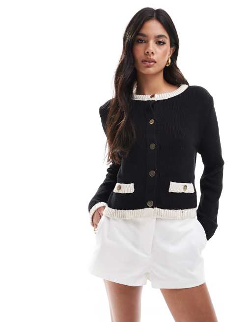 ASOS DESIGN - Cardigan girocollo con tasche nero e crema con bordi a contrasto