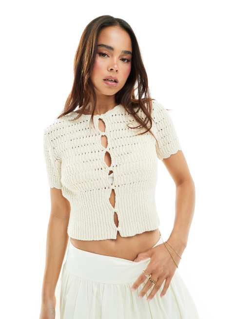 ASOS DESIGN - Cardigan girocollo in filato testurizzato color crema con bottoni