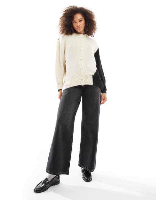 ASOS DESIGN - Cardigan girocollo in maglia bianco e nero con stampa astratta, 3 di 4