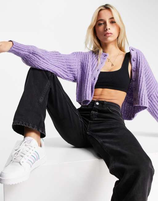 ASOS DESIGN - Cardigan girocollo in maglia spessa viola a coste