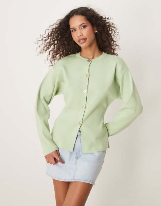 ASOS DESIGN - Cardigan girocollo in maglia strutturata salvia con bottoni dorati