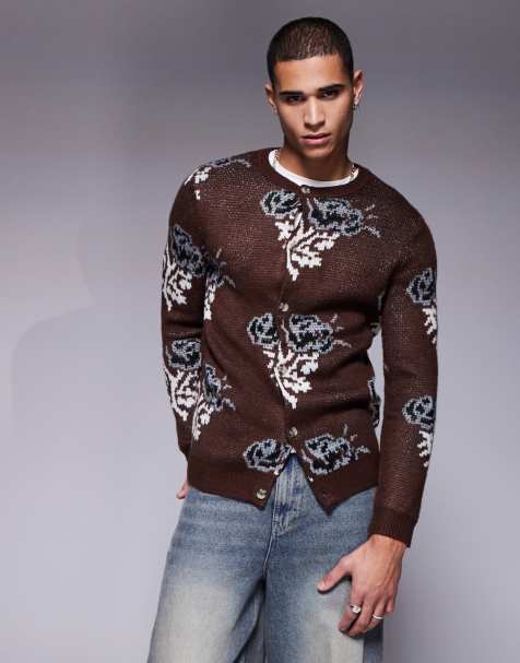 ASOS DESIGN - Cardigan girocollo marrone in maglia con motivo a fiori - view 1