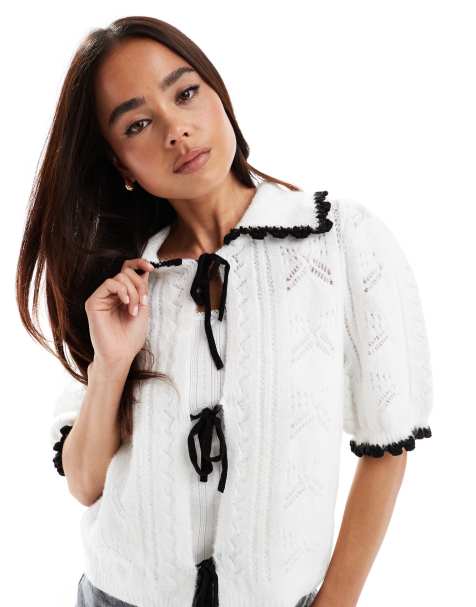 ASOS DESIGN - Cardigan girocollo monocromatico con volant e cuciture - view 1
