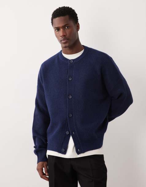ASOS DESIGN - Cardigan girocollo oversize blu navy lavorato a coste inglesi in misto lana - view 1