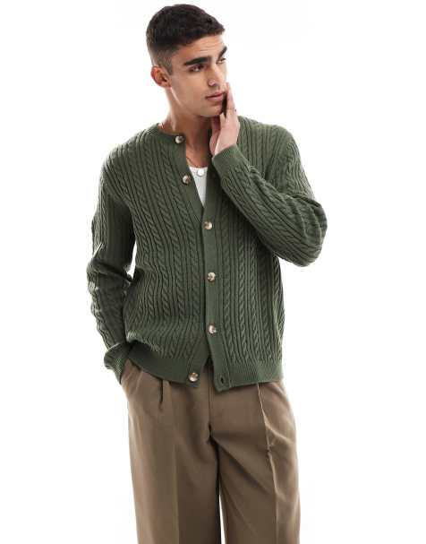 ASOS DESIGN - Cardigan girocollo verde in maglia lavorata a trecce - view 1