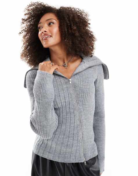 ASOS DESIGN - Cardigan grigio in maglia a coste con zip - view 1
