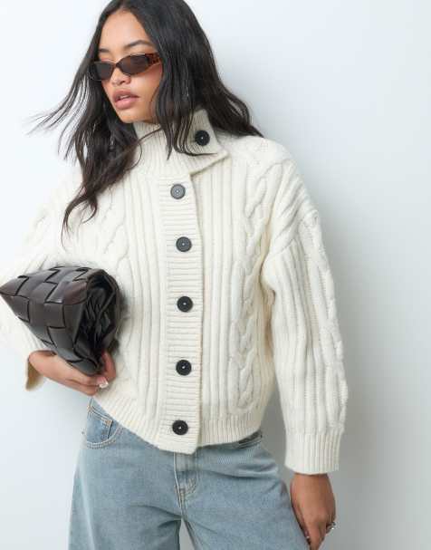 ASOS DESIGN cardigan i kabelstrik med ståkravedetalje i creme - view 1
