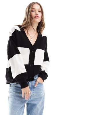 Asos Design Cardigan In Block Mono Stripe-multi