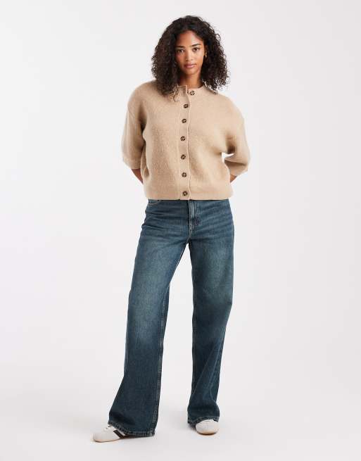 ASOS DESIGN - Cardigan in maglia a coste color pietra a maniche corte, 4 di 4