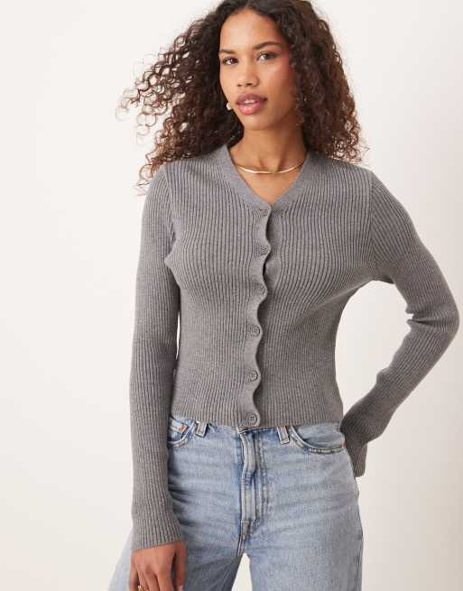 ASOS DESIGN - Cardigan in maglia a coste grigio con scollo a V