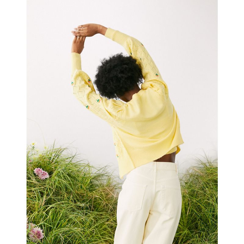 Coordinati Donna DESIGN - Cardigan in maglia a trecce con fiori ricamati, colore giallo in coordinato