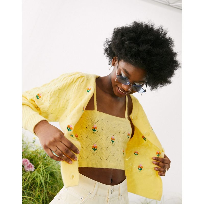 Coordinati Donna DESIGN - Cardigan in maglia a trecce con fiori ricamati, colore giallo in coordinato