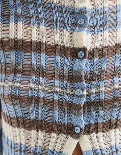 ASOS DESIGN - Cardigan in maglia blu a righe con cuciture smagliate, 3 di 4