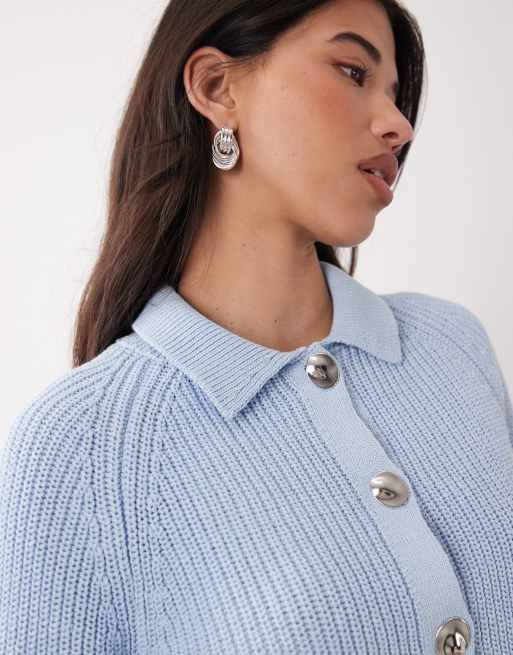 ASOS DESIGN - Cardigan in maglia blu con colletto e bottoni in metallo, 3 di 4