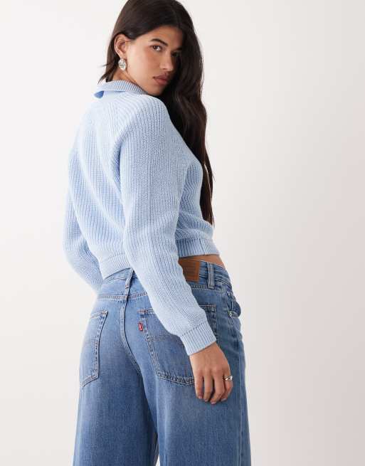 ASOS DESIGN - Cardigan in maglia blu con colletto e bottoni in metallo, 4 di 4