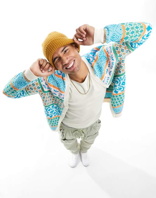 ASOS DESIGN - Cardigan in maglia blu con design Fair Isle