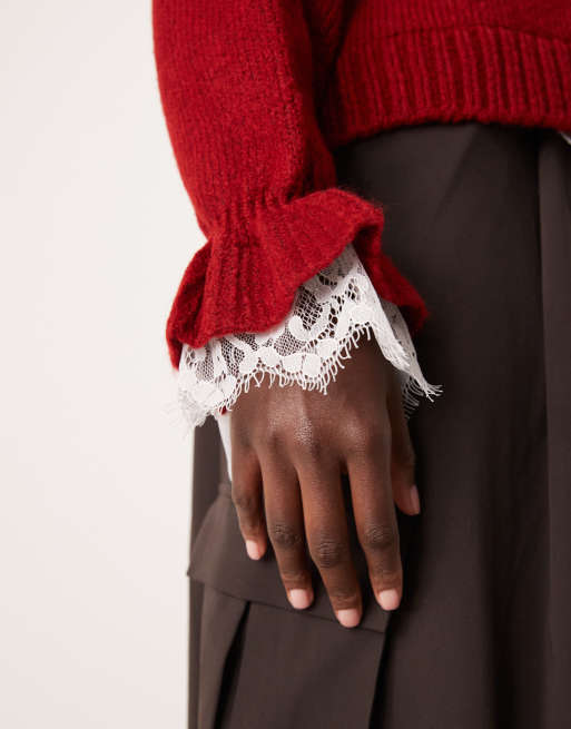 ASOS DESIGN - Cardigan in maglia bordeaux con bottoni e inserti in pizzo, 3 di 4
