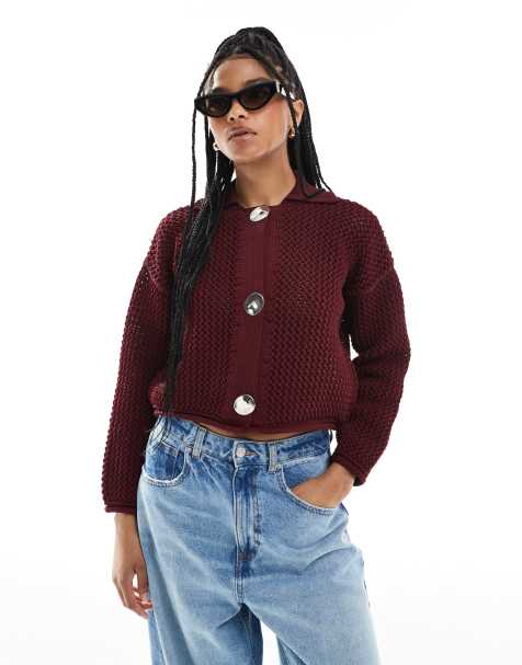 ASOS DESIGN - Cardigan in maglia bordeaux con colletto e impunture spesse - view 1