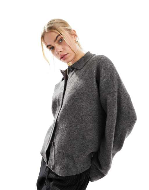 ASOS DESIGN - Cardigan in maglia color antracite con colletto stile camicia, 2 di 4