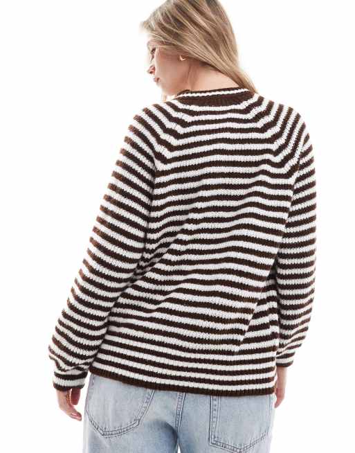 ASOS DESIGN - Cardigan in maglia color cioccolato a righe con maniche raglan, 4 di 4