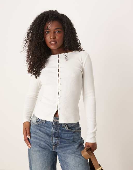 ASOS DESIGN - Cardigan in maglia compatta a coste color crema con bottoni