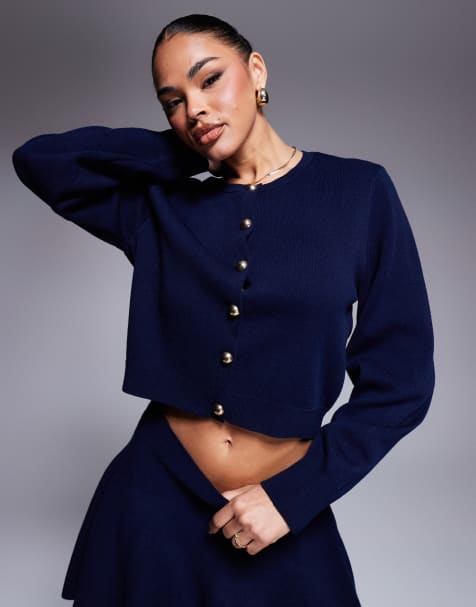 ASOS DESIGN - Cardigan in maglia compatta blu navy con bottoni dorati in coordinato - view 1