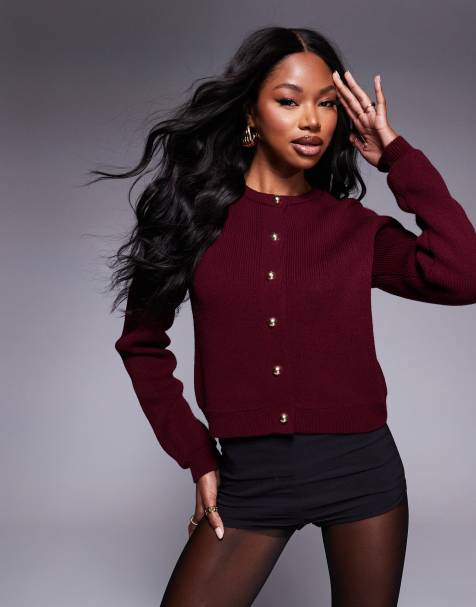 ASOS DESIGN - Cardigan in maglia compatta color bordeaux con bottoni dorati - view 1