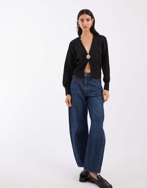 ASOS DESIGN cardigan in maglia compatta con dettagli metallici dorati nero, 2 di 4