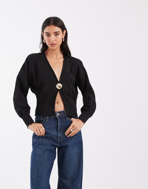 ASOS DESIGN cardigan in maglia compatta con dettagli metallici dorati nero, 4 di 4