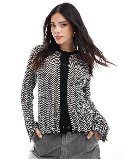 ASOS DESIGN - Cardigan in maglia con cuciture all'uncinetto a contrasto nero e bianco - view 1