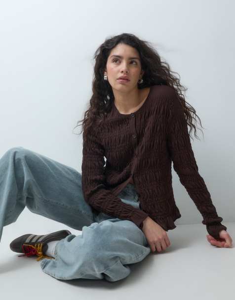 ASOS DESIGN cardigan in maglia con dettaglio smock marrone - view 1