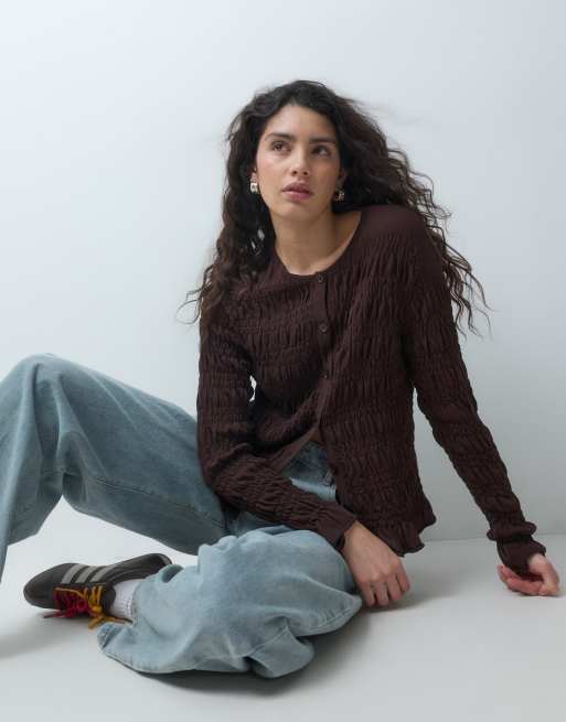 ASOS DESIGN cardigan in maglia con dettaglio smock marrone, 1 di 4