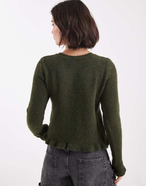 ASOS DESIGN - Cardigan in maglia di misto lana kaki con volant, 3 di 4