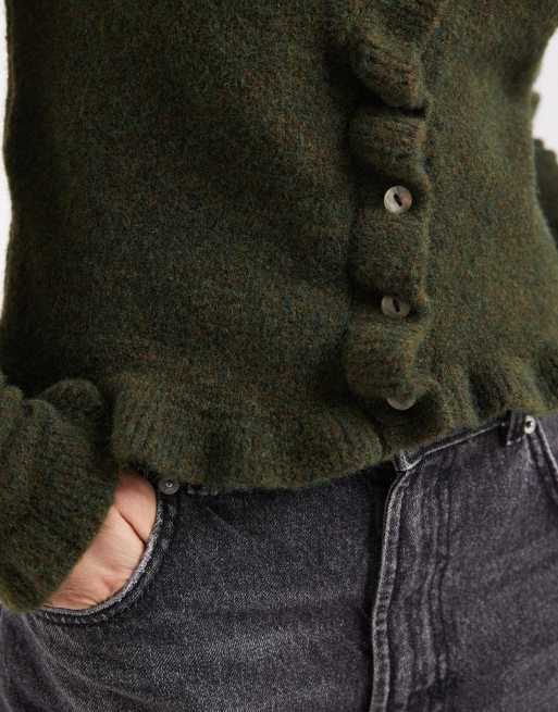 ASOS DESIGN - Cardigan in maglia di misto lana kaki con volant, 4 di 4