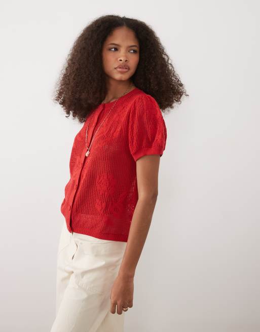 ASOS DESIGN - Cardigan in maglia di pizzo trasparente a fiori rosso, 2 di 4