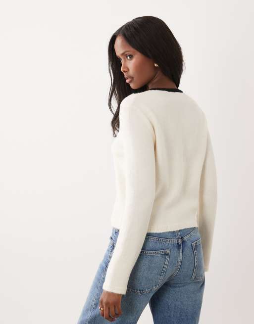 ASOS DESIGN - Cardigan in maglia écru con bordi a contrasto, 4 di 4