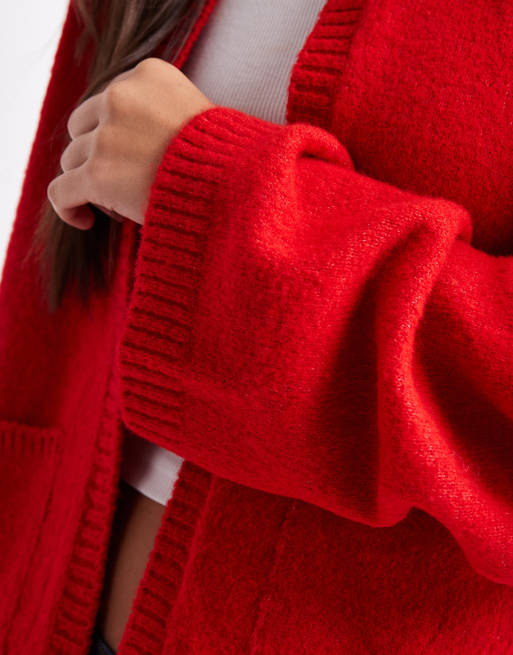 ASOS DESIGN - Cardigan in maglia fil-à-fil rosso con tasche applicate, 3 di 4