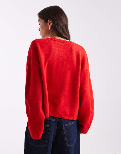ASOS DESIGN - Cardigan in maglia fil-à-fil rosso con tasche applicate, 4 di 4