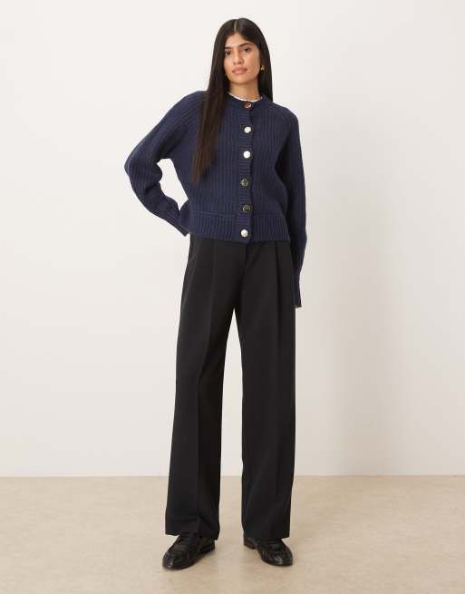 ASOS DESIGN - Cardigan in maglia lavorata a coste inglesi blu navy con dettagli raglan, 3 di 4