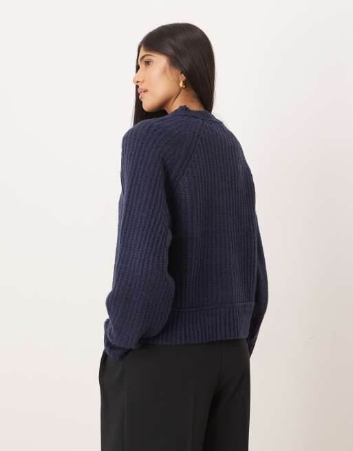 ASOS DESIGN - Cardigan in maglia lavorata a coste inglesi blu navy con dettagli raglan, 4 di 4
