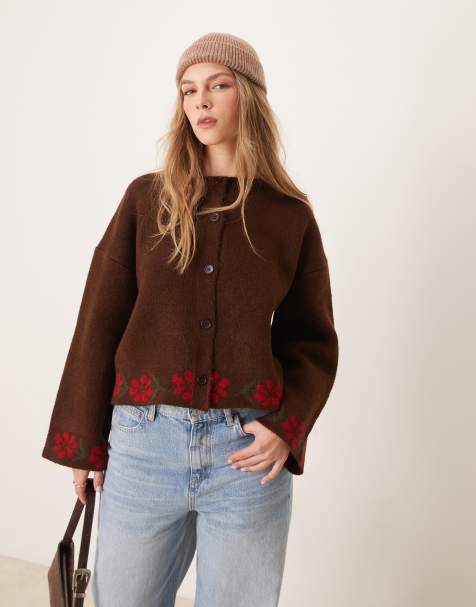 ASOS DESIGN - Cardigan in maglia marrone con design floreale e polsini ampi - view 1