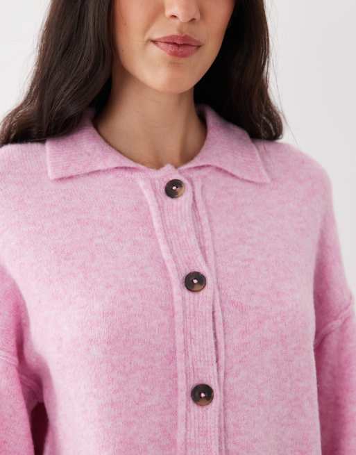 ASOS DESIGN - Cardigan in maglia rosa con cuciture a vista e colletto stile camicia, 3 di 4