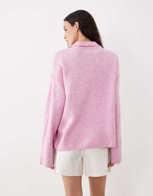 ASOS DESIGN - Cardigan in maglia rosa con cuciture a vista e colletto stile camicia, 4 di 4