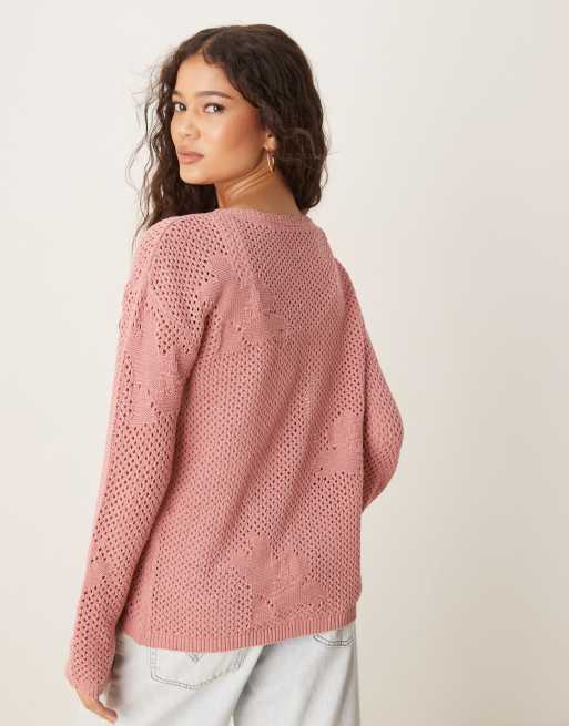 ASOS DESIGN - Cardigan in maglia rosa effetto pizzo, 4 di 4