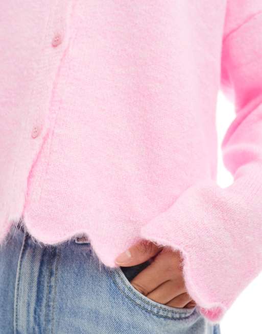ASOS DESIGN - Cardigan in maglia soffice con bordo smerlato in rosa, 3 di 4
