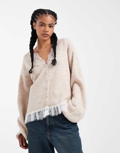 ASOS DESIGN - Cardigan in maglia spazzolata color avena con pizzo - view 1