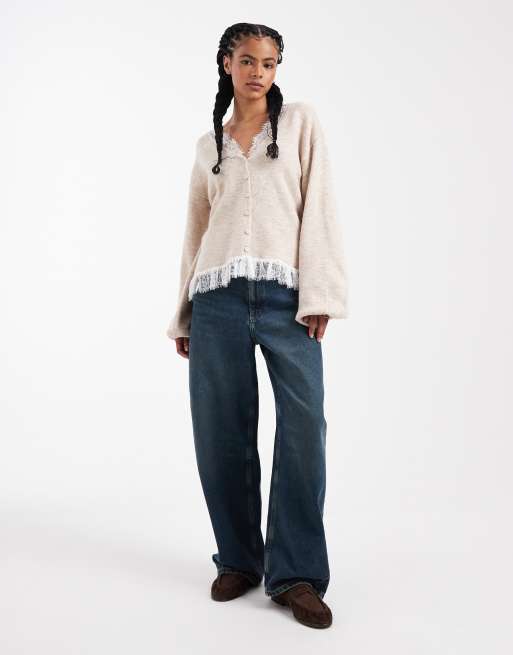 ASOS DESIGN - Cardigan in maglia spazzolata color avena con pizzo, 2 di 4
